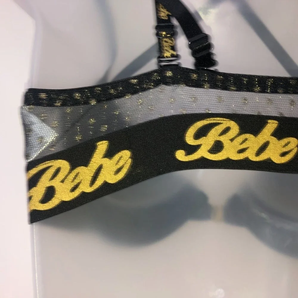 Bebe Black Pushup Bra w/Gold‎ Accents Front Clasp 34C Strappy Mob Wife